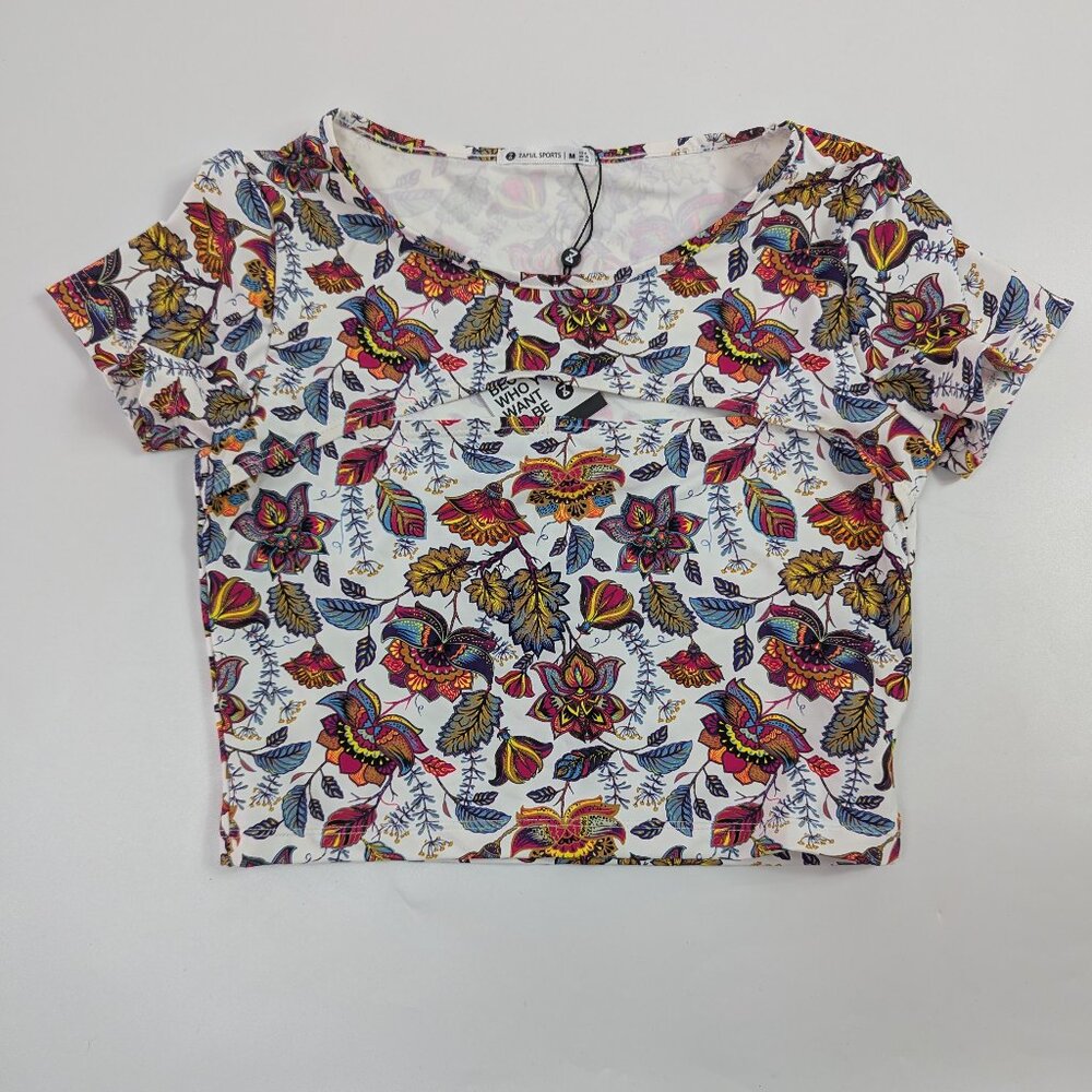 Zaful Sports Floral Cut Out Short Sleeve Workout Athletic Top Medium Size 6
